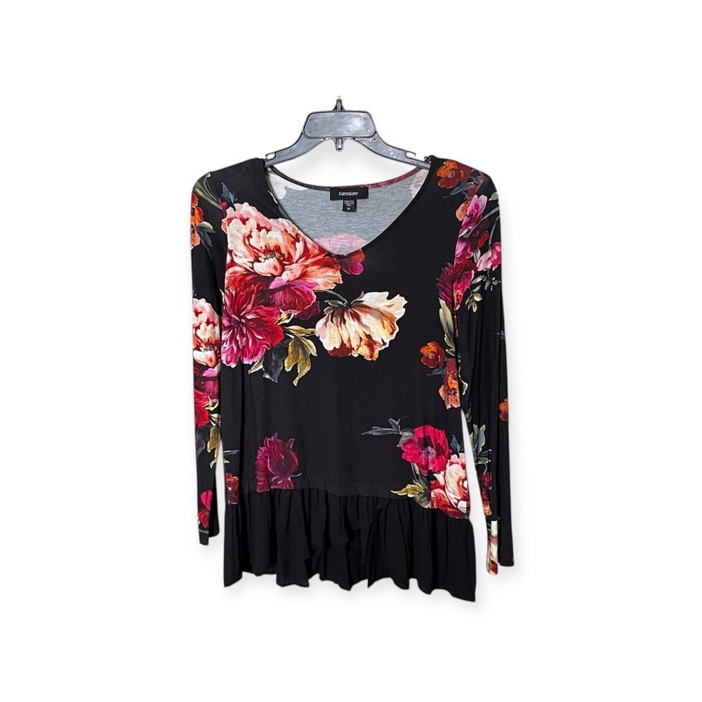 Karen Kane Black Floral Ruffle Hem Long Sleeve V Neck Top Shirt Size Medium